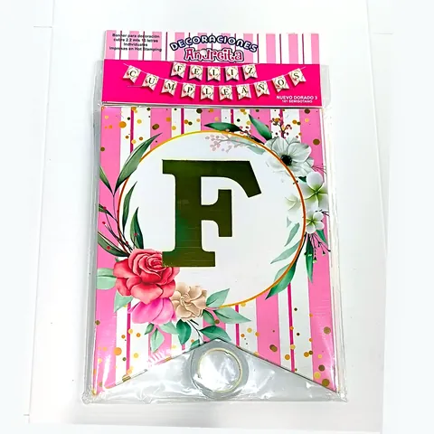 Banderín Feliz Cumpleaños flores, en su empaque