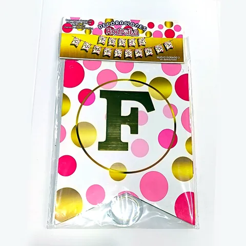 Banderín Feliz Cumpleaños lunares rosa y dorado, en su empaque