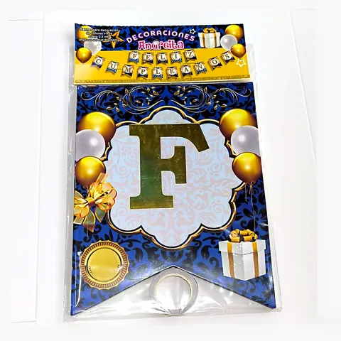 Banderín Feliz Cumpleaños azul y dorado, en su empaque