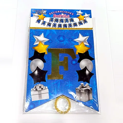 Banderín Feliz Cumpleaños estrellas azules, en su empaque