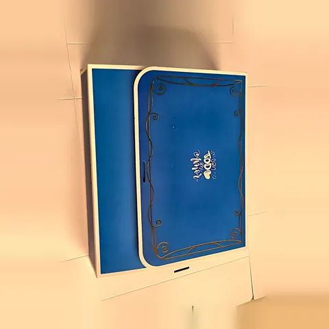 Caja rectangular lisa con marco color azul, en su empaque