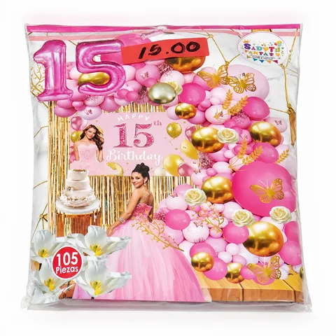 Kit arco de globos 15 años rosa, en su empaque