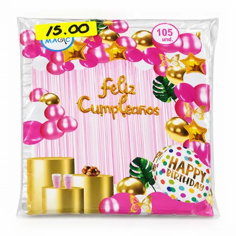 Kit arco de globos fucsia y dorado, en su empaque