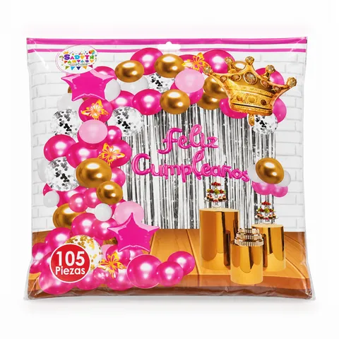 Kit arco de globos fucsia y plata con corona, en su empaque