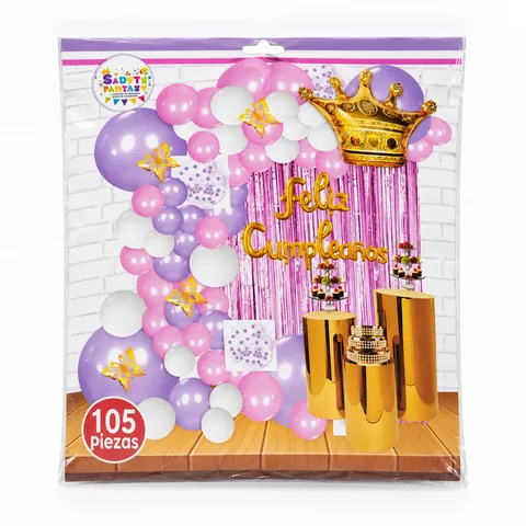 Kit arco de globos lila y rosa con corona, en su empaque