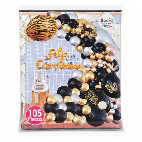 Kit arco de globos negro, plata y dorado, en su empaque