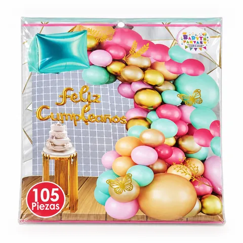 Kit arco de globos pastel y aqua, en su empaque