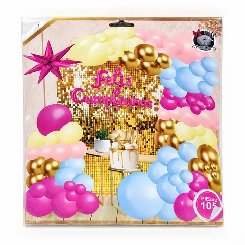 Kit arco de globos pastel rosa y celeste, en su empaque