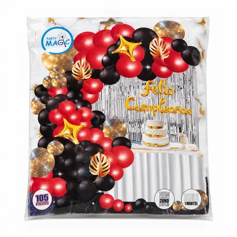 Kit arco de globos rojo, negro y dorado, en su empaque