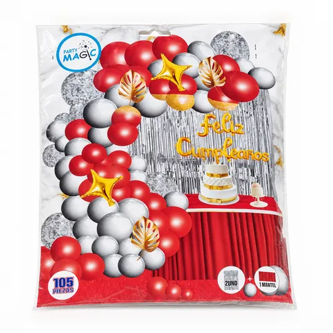 Kit arco de globos rojo, plata y dorado, en su empaque