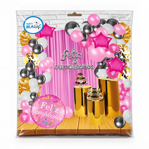 Kit arco de globos rosa y plata con estrellas, en su empaque