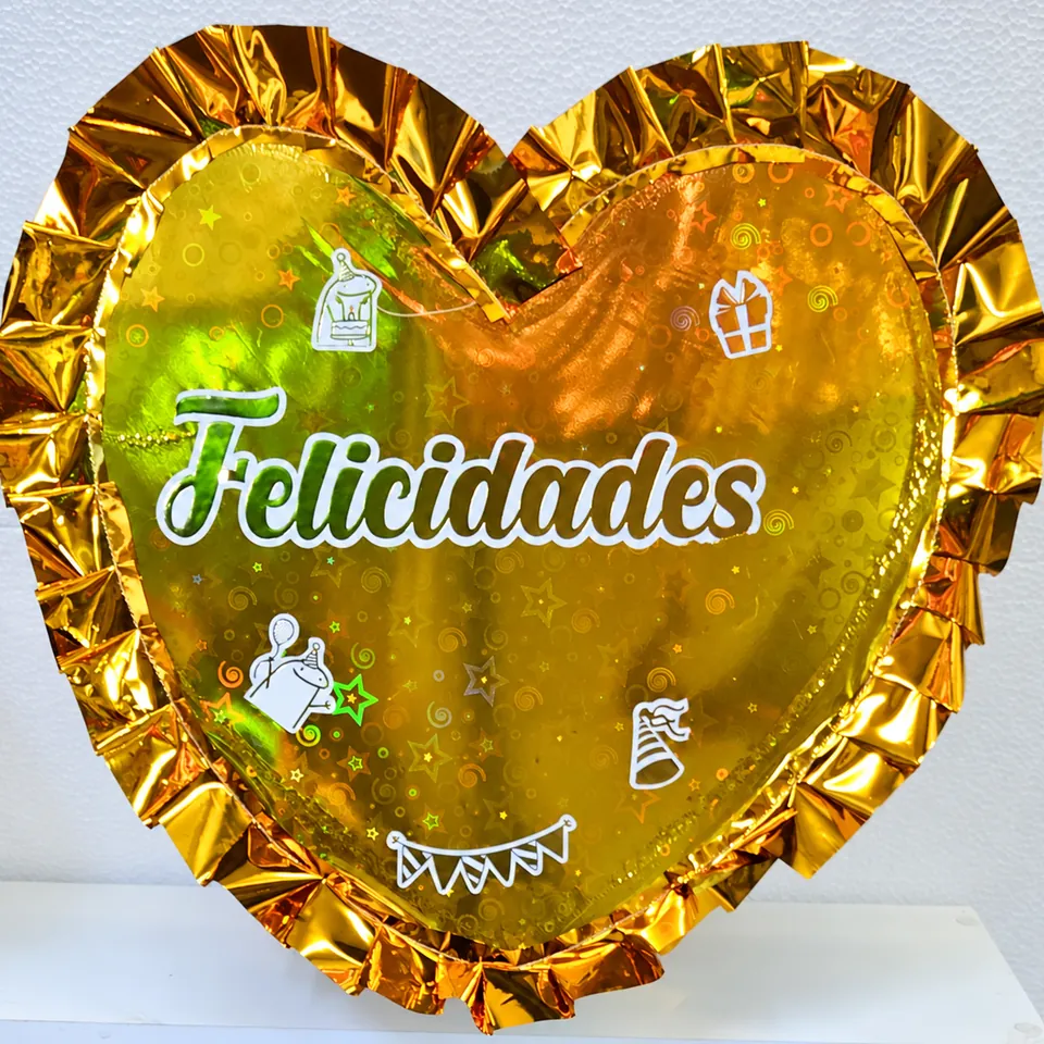 Piñata corazón Felicidades dorada con bordes metálicos